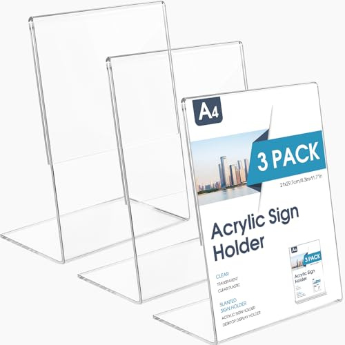 XHDA A4 Acrylic Sign Holder, 3 Pack, L-Shape, Menu Holder Display Stand | High Transparency with Protective Film, Durability, A4 Clarity Plastic Displays, for Offices, Restaurants Menu, Store Poster