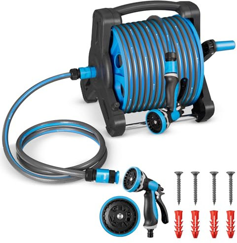 Juskys enrouleur de tuyau avec 30 m + 2 m de tuyau et pommeau multifonction - enrouleur de tuyau mobile avec support mural, buse — bleu gris foncé