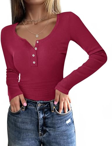 Fessceruna Camiseta de Manga Larga para Mujer Cuello Redondo Jersey Ajustado Camiseta de Manga Larga Básico Top Acanalado con Botones, Vino Tinto, S