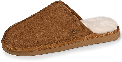 Isotoner Chaussons pantoufles Mules homme en cuir et interieur ultra doux en fausse fourrure, 46, camel