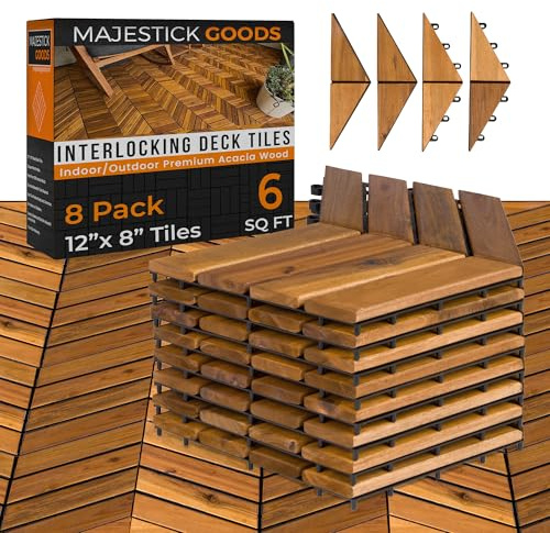 Majestick Goods Interlocking Deck Tiles 12x8 Herringbone 6 Sq Ft - Acacia Wood Patio Tiles for Outdoor Flooring, Porch & Balcony - Non-Slip Wooden Tile Pavers - Easy to Install, 8 Tiles, 2 Edges