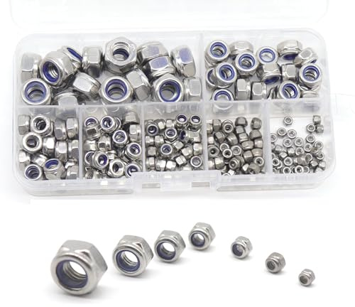 Hmevsafinect Locknuts Assortment Kit,M2 M2.5 M3 M4 M5 M6 M8 210PCS Metric Nylon Insert Lock Nuts Set,304 Stainless Steel Lock Nuts for Bolt