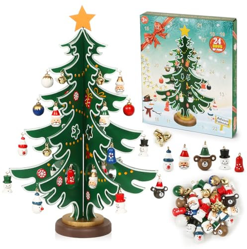 BOFUNX Calendario de Adviento Mini Árbol de Navidad de Madera con 24pcs Mini Adornos Colgantes de 24 Días de Navidad Cuenta Regresiva Decoración de Calendario de Adviento Regalo Navideño para Niños