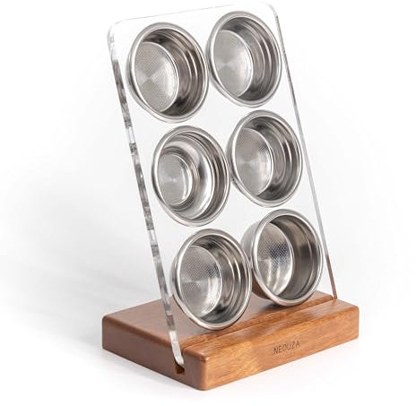 NEOUZA Espresso Filter Basket Stand Portafilter Basket Holder Rack, Wooden Acrylic, Sieve Basket Storage for Coffee Machine (53/54mm)