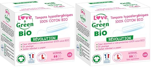 Love & Green - Tampons Digitaux NORMAL x 16 - Gestion du flux menstruel - coton - Sans produits chimiques nocifs - Sans test sur les animaux (Lot de 2)