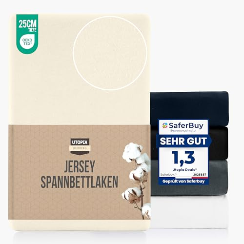 Utopia Bedding Jersey Spannbettlaken, Beige, 180 x 200 cm – Matratzenhöhe Bis 25 cm, Bettlaken Baumwollmischung