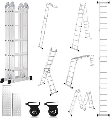 Lospitch Échelle multifonction 4 x 5, 582 cm, 7 en 1, avec 2 plateformes, en aluminium, avec 2 roulettes de transport, jusqu'à 150 kg, échelle de travail à 20 marches, argentée