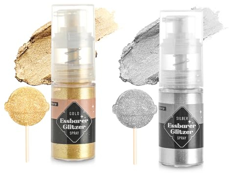Paillettes Comestibles Spray 5g x2 Colorant Alimentaire Poudre 2 Couleurs, Decoration Gateau Comestible pour Fondant, Macaron, Paillette Alimentaire pour Cocktail, Luster Dust Or Argent et Or