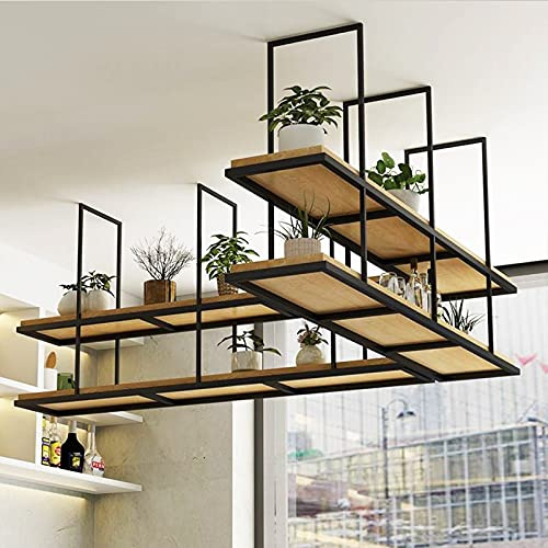 Floating Flower Shelf - 2-Tier Wall-Mounted Display nizer - Wooden & Wrought Iron Pot, Pan, and Wine Rack for Home, Kitchen, and Bar - Stylish Black Design