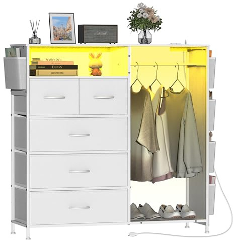 Trironsun Comò con 5 cassetti, appendiabiti, illuminazione LED e stazione di ricarica - Armadio con cassettiera con tasche laterali e piano in legno per camera da letto, corridoio o cameretta dei