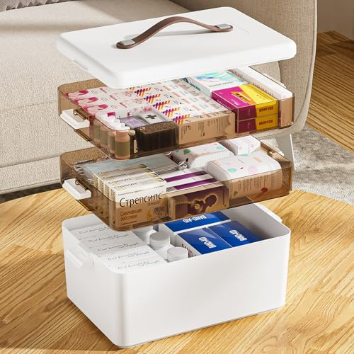 Gaethra 3-Stöckige Medikamenten Aufbewahrung, Tragbar mit Lederhenkel, Medicine Organizer Box, Medizinbox, Mehrzweck Organizer Box für den Heimgebrauch