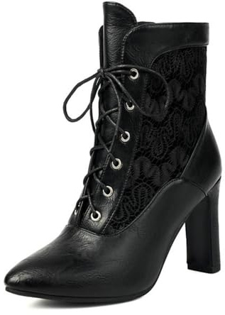 Botines retro de retazos para mujer, con cordones, puntera puntiaguda, tacón grueso, elegantes zapatos de tacón para fiestas y banquetes, Black, 34 EU