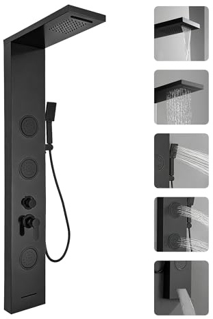 Homevacious Shower Panel Tower System Rainfall Waterfall Shower Head 3 Massage Body Jets Handheld Shower Head and Tub Spout Wall Mounted Multi-Function Bathroom Shower Panel Matte Black