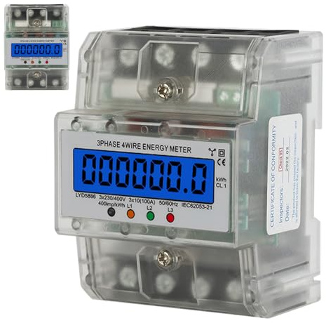 BAIFULAI Contatore elettrico a 3 fasi, 4 fili, contatore di corrente trifase 3 x 230/400 V 10(100) A, contatore di corrente digitale LCD, contatore intermedio per guida DIN DIN DIN 50/60 Hz