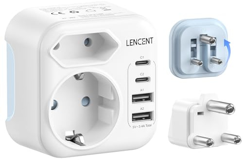 LENCENT typ D och typ M kombi-reseadapter med 2 USB-C 2 USB-A-portar vikbar resekontakt för Namibia Sydafrika Indien Nepal reseuttag kontakt adapter strömadapter