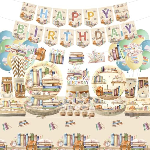 Book Party Decorations, Includes Happy Birthday Banners, Plates, Tablecloth, Cups, Balloon and Straws,for Library Reading Storybook Party Supplies Serves 20 Guests