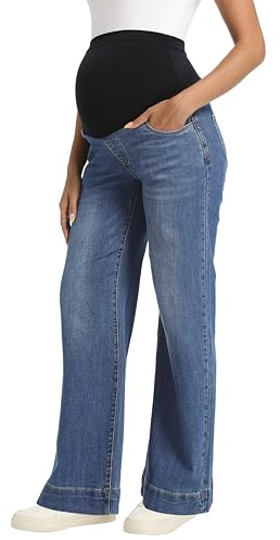 Foucome Women's Maternity Jeans Wide Leg, Dark Blue, M