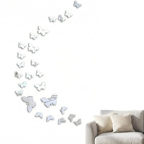 VYNZOR 30 unidades Mariposas decorativas de espejo para pared, Pegatinas de pared de acrílico 3D con efecto espejo, impermeables y fáciles de aplicar, Adecuado para salón, dormitorio y oficina (Plata)