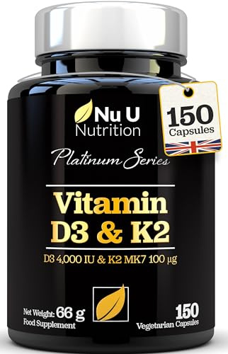 Nu U Nutrition - Vitamin D3 4000 IU and Vitamin K2 MK7 100μg - 150 Vegetarian Capsules - 5 Month Supply - High Strength Vitamin D K2 Supplement - Made in the UK