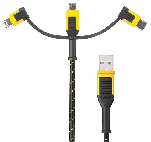 DEWALT Heavy Duty 3 in 1 Multi Charging Cord, 6ft Fast Charger Cord, Multi Charger Adapter with Lightning/Type C/Micro USB Port for iPhones/Samsung Galaxy/PS/Tablets/More