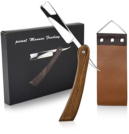 peinat Rasiermesser Set, Hochwertiges Edelstahl Barber Bartmesser, Rasiermesser mit Birnenholzgriff, Klinge Ist Aus Gehärtetem Stahl, Vintage Razor Enthält Leder Leinwandband Vatertagsgeschenk