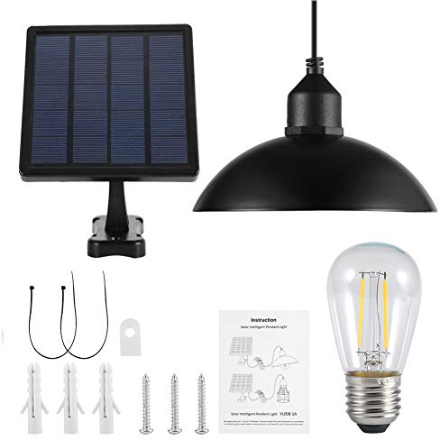 Solar Powered Pendant Light, Solar Led Light Metal Shade Pendant Lamp E27 Bulb Outdoor Hanging Shed Lamp for Garden Yard Patio Balkong Landskap Hem