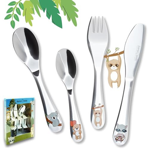 Koru Kids® Kinderbesteck Wildlife – 4-teiliges Set – Kinderbesteck Edelstahl – Kinder Besteckset - Kinder Essbesteck - spülmaschinengeeignet – Kinder Besteck ab 3 Jahre - poliert