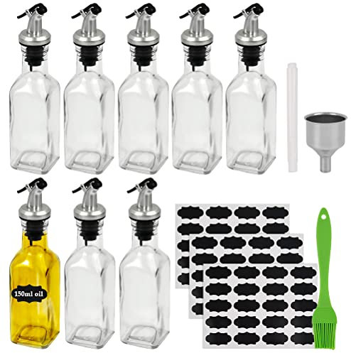 TIMESETL 8 Pack Vinegar and Oil Bottle Set, 150ml Glass Vinegar and Oil Dispenser with Spout, Leak-Proof Drip-Free Olive Oil Dispenser Bottle Set with Spout Funnel Labels Grill Brush