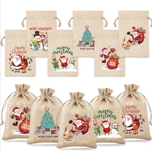 Sacchetto Regalo Sacchetto di Iuta con Motivo Natalizio di Tessuto per Riempire il Natale, 10 cm x 14 cm