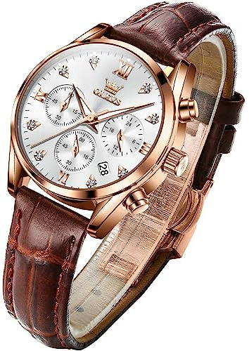 OLEVS Watch for Women Ladies Watches Brown Leather Strap Multifunction Chronograph Waterproof Luminous Women's Watches White Dial Rose Gold