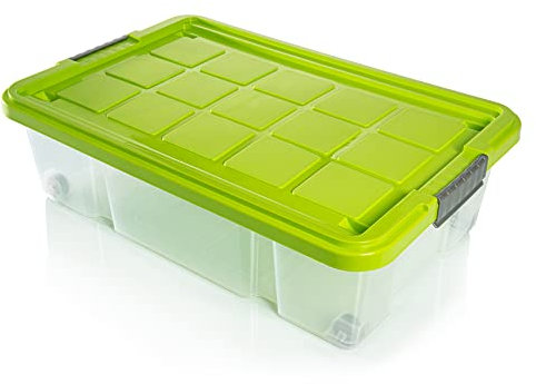 BigDean 3X Unterbettkommode Aufbewahrungsbox mit Deckel 25L limegrün 60x40x17,5cm - mit Rollen + Clipverschluss nestbar - Eurobox Aufbewahrungsbox Storage Box Bettkasten - Made in Germany
