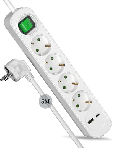 Maiyle 4 Fach Steckdosenleiste mit USB C, Verlängerungskabel 5M, Mehrfachsteckdose mit USB, Mehrfachstecker mit USB C Verteilersteckdose für Smartphones, Laptop, Weiß