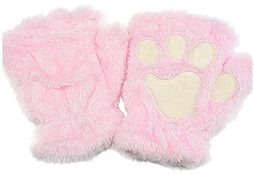 Niedliche Katze Klaue Pfote Plüschwarme Fingerlose Handschuhe - Kawaii Cosplay Kunstpelz Warm Katzen Winter Halbfingerhandschuhe für Damen Mädchen Frauen (Pink, One Size)