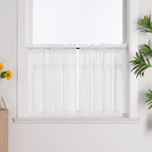 Joyswahl Linneutseende fönstergardiner lantställe Leni Cáfe gardiner, kök, korta, vita, bistrogardiner, korta storer, vit, H x B 45 x 120 cm, 2 stycken