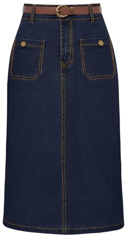 Belle Poque Jupe crayon en denim pour femme avec ceinture, bleu foncé, S