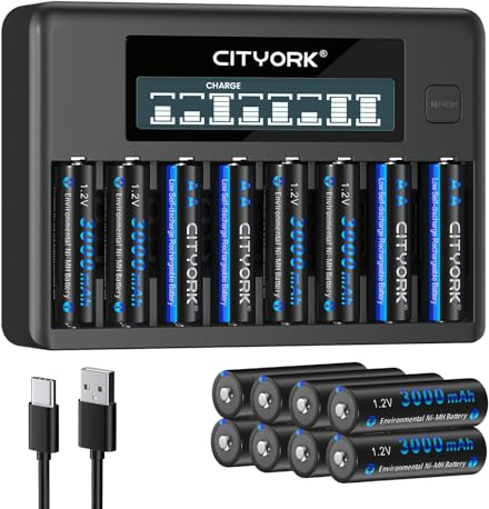 CITYORK Batterie Ricaricabili AA, 16 Pezzi 3000 mAh Pile Ricaricabili 1,2V Ni-MH con Caricabatterie 8 slot Ricarica Rapida USB