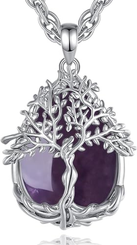 AEONSLOVE Amethyst Necklace Tree of Life Necklace for Women Ladies Girls Amethyst Healing Crystal Necklaces Teardrop Life Tree Pendant Healing Stones and Crystals Jewellery Gifts