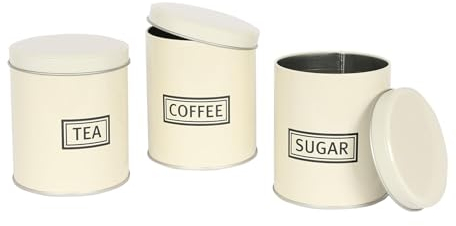Harbour Housewares 3pc Tea Coffee Sugar Canisters Set – Cream Round Metal Kitchen Storage Tins with Airtight Lids – Modern Industrial Food Caddy Containers for Countertop Organisation