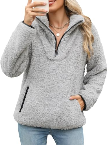 Tuopuda Donna Felpe Senza Cappuccio Pullover Pile Tops Termico Manica Lunga Felpe con Zip Tasche Maglione Caldo Autunno Invernali Sweatshirt Eleganti Hoodie Fleece Jumper Maglietta, Grigio Chiaro, L