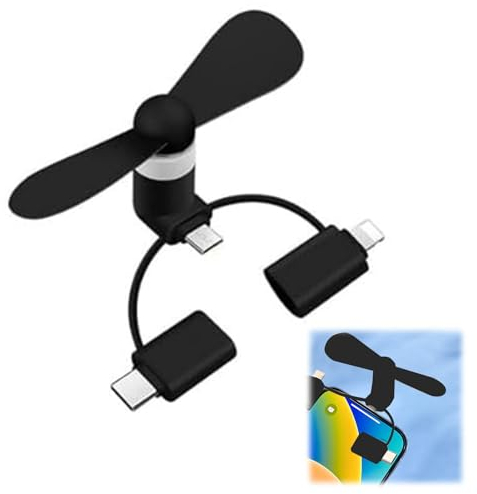 Rakiuty 3-in-1 Mini-Handy-Ventilator, Tragbarer USB-Lüfter, Rotierender Kühler Kompatibel Mit iPhone/Micro-USB/Typ C/Port (Schwarz)