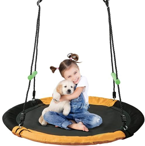 TBMLC 3.3FT Diameter Saucer Swing/Tree Swing - 1 Inch Diameter&1MM Thick Sturdy Steel Frame with Thick Foam Pipe Cover and Durable Oxford + PP Mat Seat (Black+Orange, 40 inch Diameter)