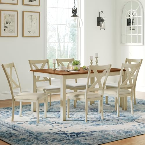 AMERLIFE 7-Piece Farmhouse Solid Wood Dining Table Set with 6 Upholstered Chairs, 60 Space Saving Dinner Table & Chairs Set, for Dining Room, Kitchen, Restaurant, Rustic Cream