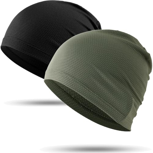 WTACTFUL Cooling Skull Cap for Men Breathable Sweat Hat Running Caps Skull Caps Thin Slouchy Beanie for Cycling Motorcycle Riding Football Helmet Hard Hat Liner Summer Sport 2-Pack Black Deep-Green