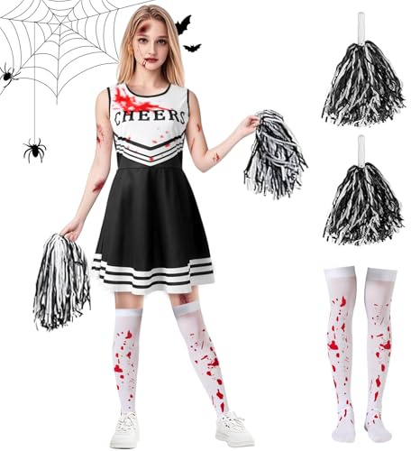 Halloween Cheerleader Costume Zombie Bambini: Vestito Cheerleader Bambina con Pompon, Tatuaggi, Sangue Finto e Calzini Ginocchio, Abito Zombie Bambina, Halloween Costume Studentessa Dress Up (L)