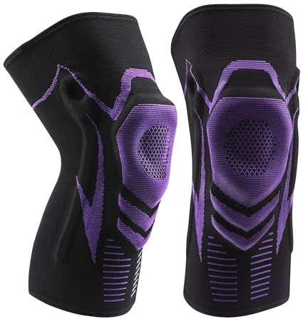 SUPERWSLING Lot de 2 paires de genouillères de sport, M, respirantes, bande en silicone et plumes, antidérapantes, tissu 3D pour les activités sportives et quotidiennes (noir/violet)