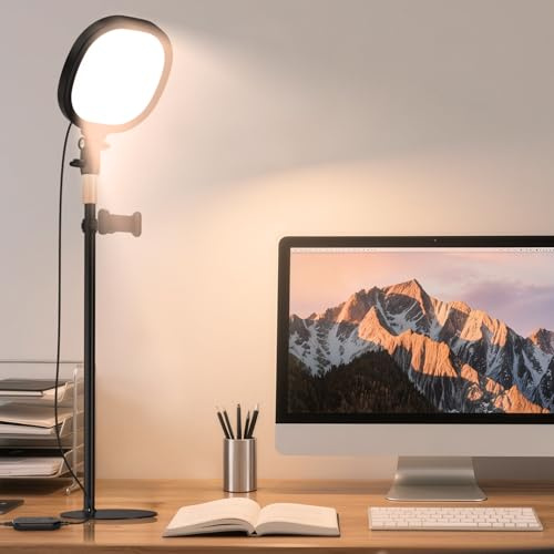 PQRQP Desk Ring Light with Stand & Built-in Phone Mount, CRI ≥97, Adjustable Ring Light for Computer Webcam Meetings, Video Calls, Recording & Home Office(Ebony Black)