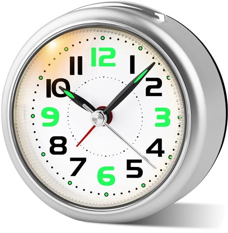 Juboos Sveglia da Comodino Piccola con Luce Notturna,Orologio Analogico Silenzioso,Sveglia da Viaggio con Allarme Graduale, per Camera, Ufficio (Argento)