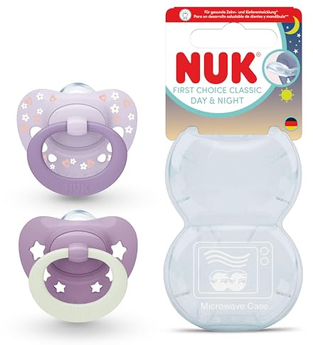 NUK First Choice Classic Day & Night Chupete para bebé | 6-18 meses | Chupetes ortodónticos que brillan en la oscuridad | 95% de aceptación por parte de los bebés** | Morado | 2 unidades