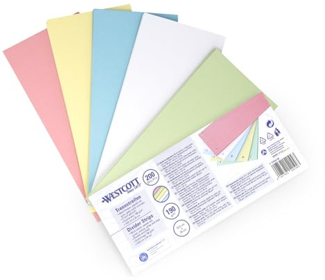 Westcott Bandes de Séparation 200 Pièces Couleurs Pastel Assorties | Intercalaires Robustes 190 g/m² pour Classeurs A4 | Bandes de Classement 10,5 x 24 cm | E-733322 00