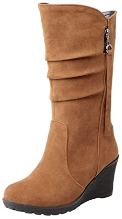 Vinterstövlar dam fodrade läder, vida stövlar dam med kilklack cowboystövlar med dekorativ dragkedja slip-stövlar fashionabla mellanrör stövlar flock vinterstövlar varma västerländska stövlar